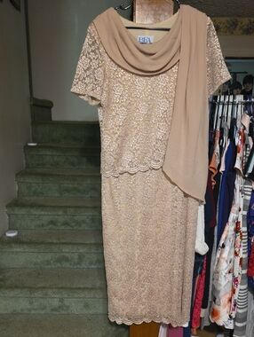 Classic Beige Lace Midi Dress with Draped Scarf